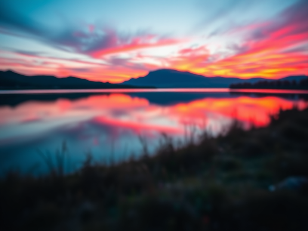 Generate an image of a serene landscape at sunset with vibrant colors reflecting on a calm lake, using a Canon EOS 5D Mark IV, 50mm lens, f/1.8 aperture, ISO 100, 1/125 sec exposure, capturing a wide-angle view with soft bokeh in the foreground.