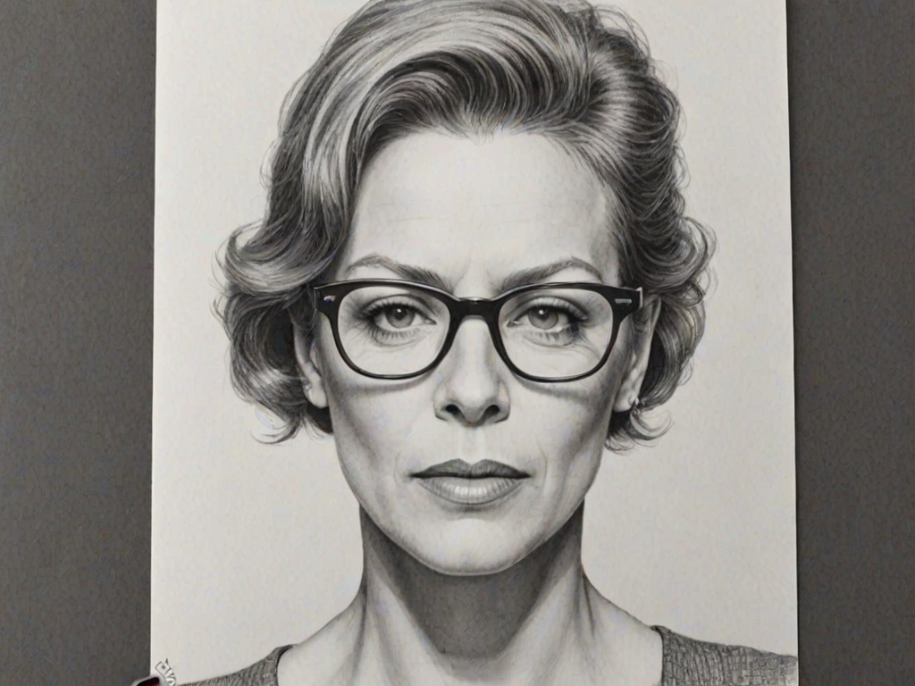 Fetching Jaime Lee Curtis, pencil sketch, portrait of Comely woman 1939s in glasses, hair style beatnik, outline, clear lines, fine lines, 8k