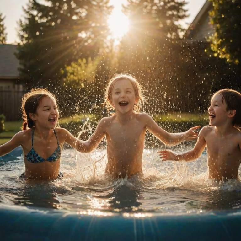 Blurry action shot of a group of kids splashing in a backyard pool, water droplets flying through the air, with soft golden light from the setting sun casting long shadows on the surface.