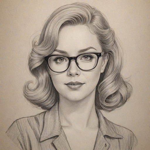 Radiant Kirsten Vangsness, pencil sketch, portrait of Enchanting woman 1948s in glasses, hair style beatnik, outline, clear lines, fine lines, 8k