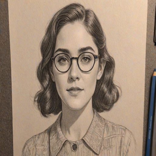 Dazzling Isabelle Fuhrman, pencil sketch, portrait of Resplendent woman 1935s in glasses, hair style beatnik, outline, clear lines, fine lines, 8k