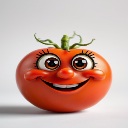 Create a vibrant cartoon-style image of a happy tomato with large expressive eyes and a cheerful smile, set against a light gray background, using a DSLR camera with a 50mm lens, f/2.8 aperture, ISO 100, and natural soft lighting for enhanced clarity and detail.