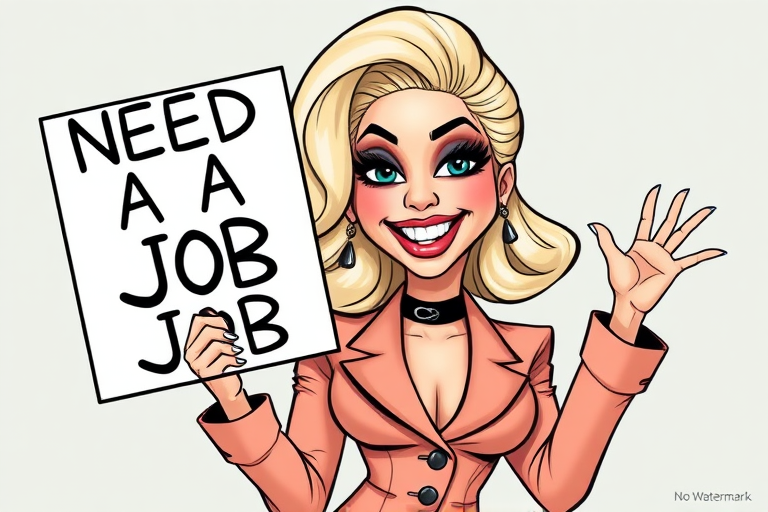 caricature of a smiling Lady Gaga in a Peach dress or suit, holding up a sign that says "NEED A JOB", no watermark,