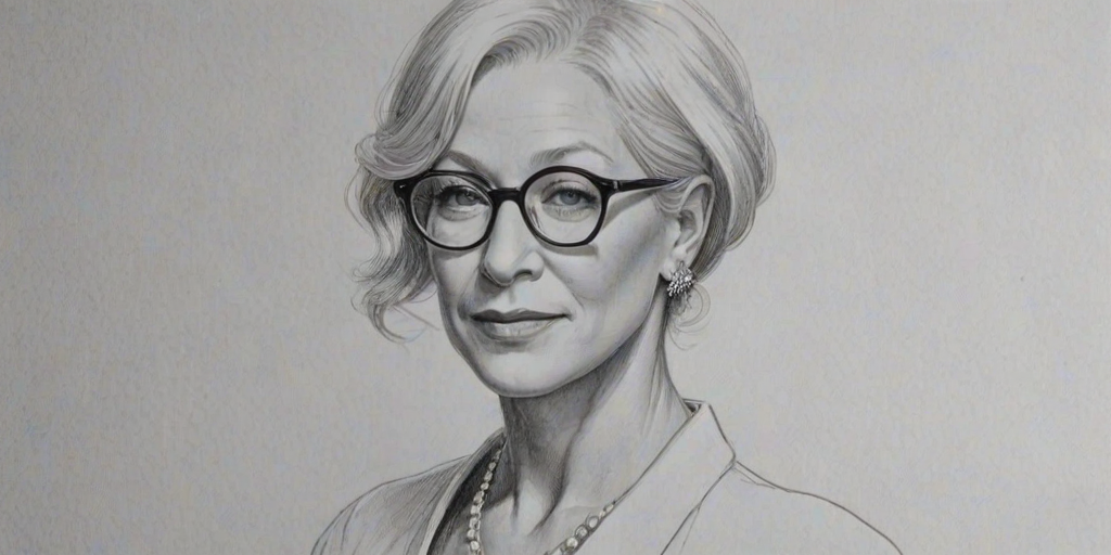 Bewitching Helen Mirren, pencil sketch, portrait of Enchanting woman 1920s in glasses, hair style beatnik, outline, clear lines, fine lines, 8k