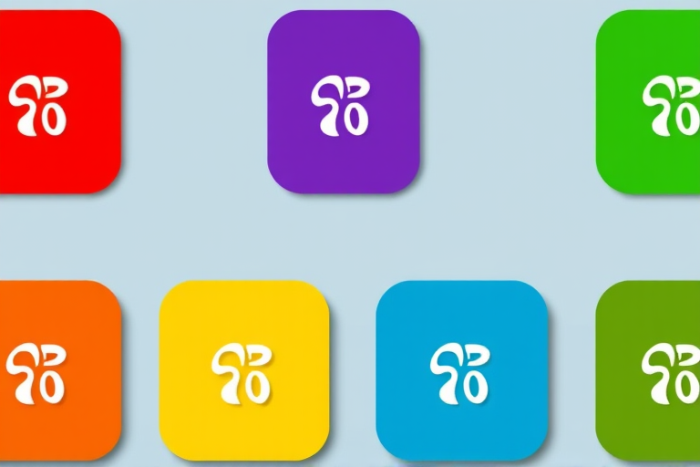 Create a vibrant, flat design featuring six rectangular icons in red, purple, brown, blue, yellow, and green arranged horizontally, with a white abstract symbol in the center of each icon, captured using a DSLR camera with a 50mm lens, aperture set to f/2.8, ISO 100, and soft lighting for a polished look.