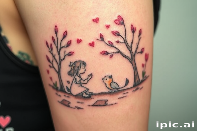 Illustrative storybook tattoo, "Fairytale Canvas," depicting a whimsical scene from a beloved story or fable using a combination of fine lines and soft color washes, creating a dreamy, nostalgic atmosphere reminiscent of classic children's book illustrations