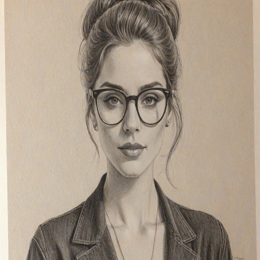 Beauteous Nessa Barrett, pencil sketch, portrait of Captivating woman 1978s in glasses, hair style beatnik, outline, clear lines, fine lines, 8k