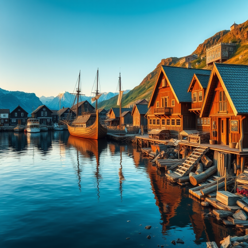 Create a high-resolution image of a Viking village with intricate wooden structures, a large Viking ship docked in a serene harbor, surrounded by mountains, captured with a DSLR camera at f/8 aperture, ISO 100, using a wide-angle lens at 24mm, during golden hour for warm lighting and enhanced color contrast.
