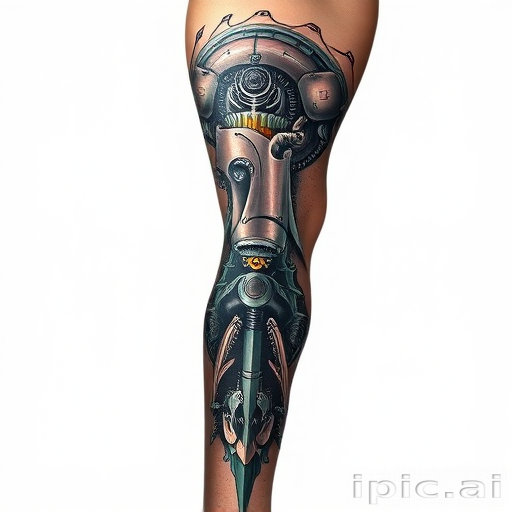 Biomechanical tattoo called "Cybernetic Evolution" blending organic forms with mechanical elements to create the illusion of exposed robotic parts beneath the skin, perfect for sleeve or leg designs