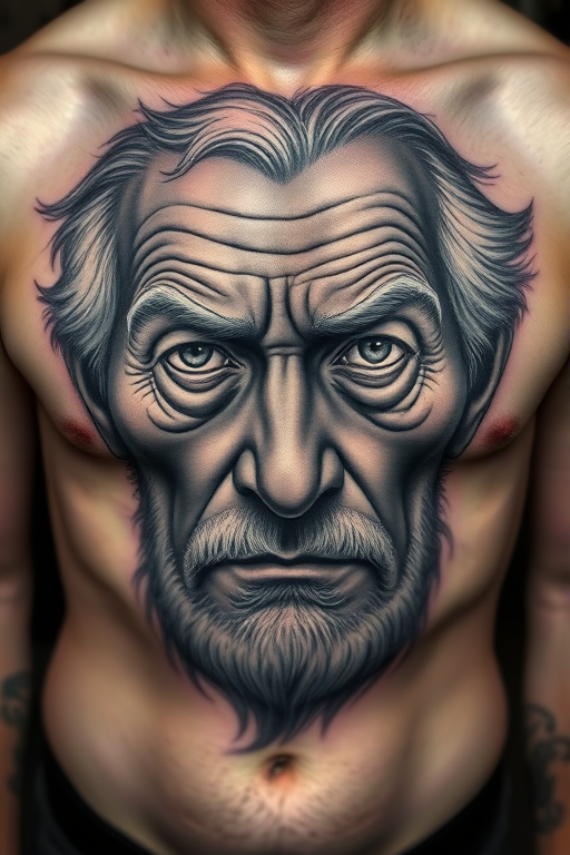 Realistic grayscale portrait tattoo of a wise elderly face with deep wrinkles and piercing eyes, expertly shaded to capture every detail and emotion, placed on the chest as a powerful statement piece