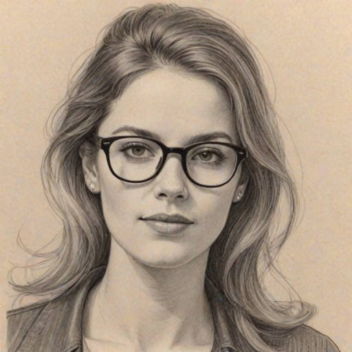 Captivating Nessa Barrett, pencil sketch, portrait of Charming woman 1974s in glasses, hair style beatnik, outline, clear lines, fine lines, 8k
