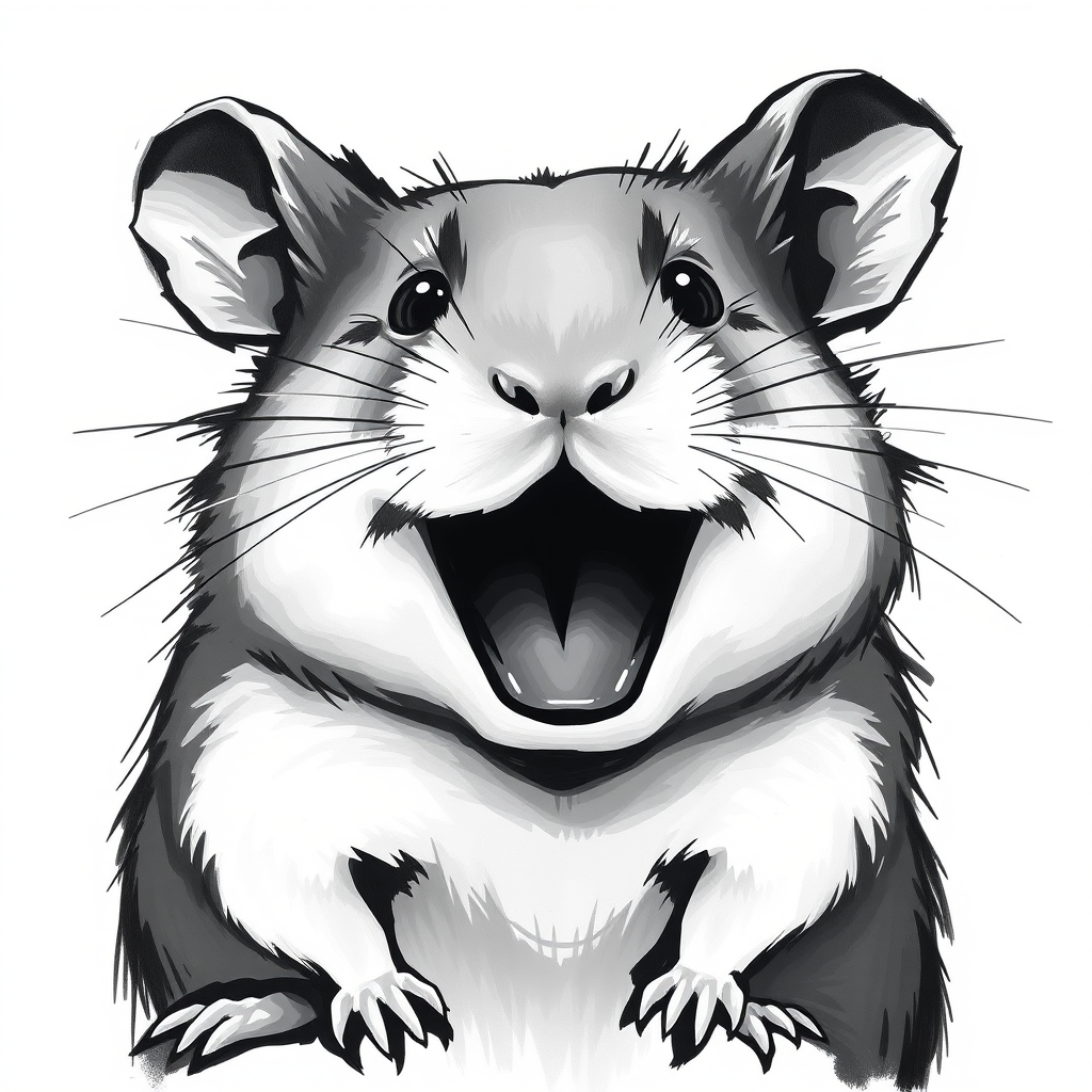 Abstract black and white acrylic portrait of an over exaggerated laughing (hamster). Minimalism style. White background.