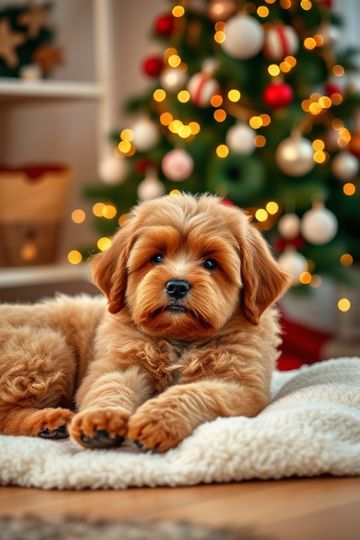 Generate an image of a fluffy brown dog relaxing on a cozy white blanket. The background features a beautifully decorated Christmas tree with soft, glowing lights. The setting should feel warm and festive, capturing a peaceful holiday atmosphere.