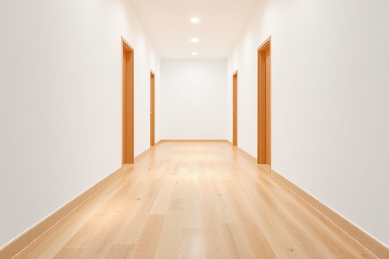Interior photograph of a minimalist hallway featuring light wood flooring and white walls, taken with a DSLR camera, 24mm lens, f/8 aperture, ISO 200, natural light, HDR style for enhanced detail and clarity.
