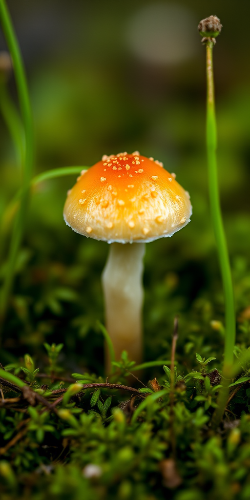 macro shot of a small mushroom with a golden cap surrounded by green moss and slender green shoots, shallow depth of field, ISO 100, f/2.8, 1/100 sec, DSLR camera, 100mm macro lens, natural soft lighting
