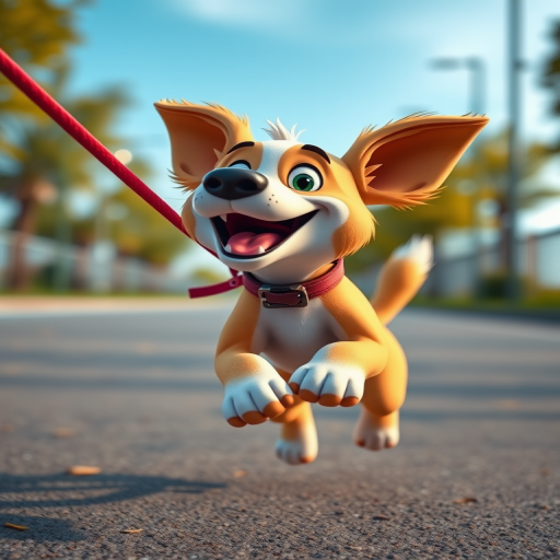 Create a high-resolution image of a cartoon dog on a leash, leaping energetically, captured with a DSLR camera at f/2.8, ISO 100, 1/500 sec, using a 50mm lens at eye level for a vibrant and dynamic perspective.