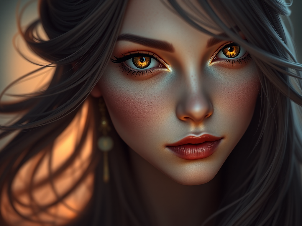 Create a highly detailed portrait of a female character with long flowing hair and striking golden eyes, adorned with elegant earrings, set against a softly glowing background, using a Canon EOS R5 camera with a 50mm f/1.2 lens, aperture set at f/1.2 for shallow depth of field, ISO 100 for image clarity, and soft lighting to enhance facial features.