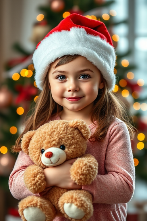 Create a portrait of a young girl wearing a Santa hat, holding a teddy bear, set against a festive Christmas background with a decorated tree and soft bokeh lights, captured with a 50mm lens, f/1.8 aperture, ISO 100, in natural light for vibrant colors and sharp details.