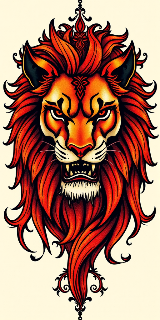 Neo-traditional tattoo "Fierce Guardian" showcasing a majestic lion with a vibrant mane of deep reds and oranges, adorned with ornate filigree details and bold black outlines