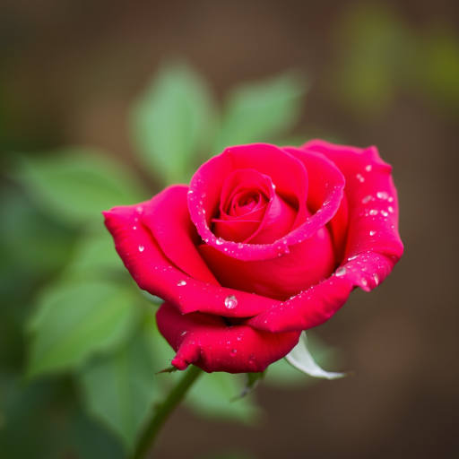 Create an image of a single rose with dew drops on its petals. The rose should be in full bloom and the background should be blurred with a hint of greenery. The rose should be captured from a side angle, showcasing its vibrant color and intricate petal structure.