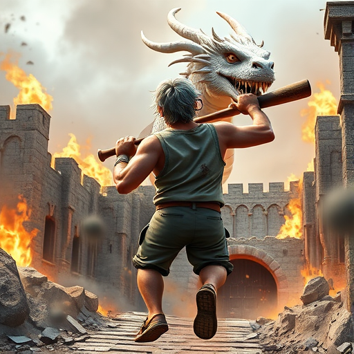 Cartoon 3D High-Resolution,dynamic battle scene using Unreal Engine 5 and Octane Render. The scene features back of an elderly, thai man with a beard,messy hair and round golden-rimmed glasses. He is wearing a tattered tank top with soot marks, shorts, and sandals. sweating. he wields a baseball bat. He jump to fight with a white fire-breathing Europe dragon amidst a partially destroyed stone castle. Include intense flames, smoke, and debris to enhance the dramatic effect.