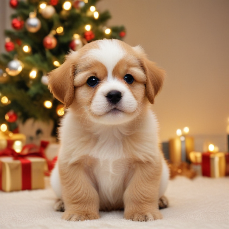 Adorable Puppy Sitting in Front of a Christmas Tree with Gifts
