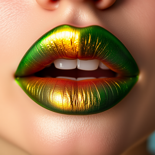 Multichrome green-gold-pink lips shift colors magically in the "Enchanted Forest" style, showcasing a unique tri-chrome effect that transforms from a deep emerald green to a warm gold and finally to a soft pink depending on the light and angle, creating a captivating and ever-changing lip look that's ideal for fantasy-themed makeup or high-fashion editorials