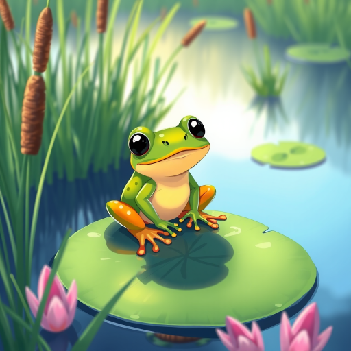 Create a vibrant cartoon-style illustration of a colorful frog sitting on a lily pad in a serene pond surrounded by tall grasses and cattails, using a high-resolution digital camera with a 50mm lens, f/2.8 aperture, ISO 100, and a shallow depth of field for a soft background blur.
