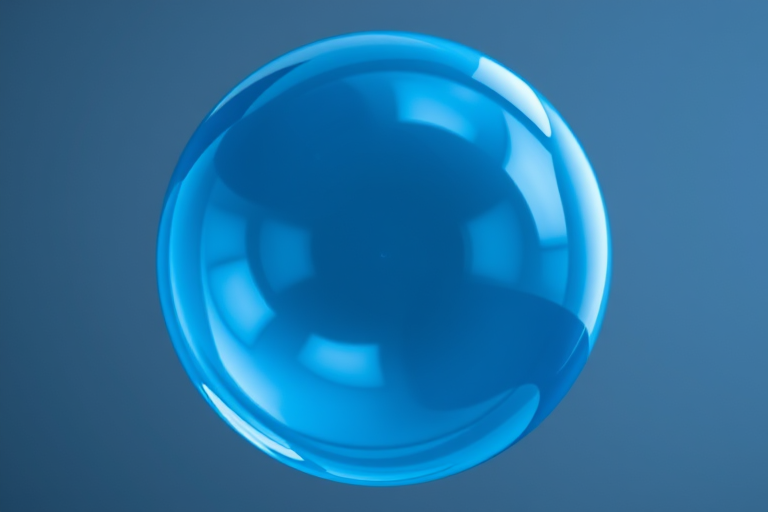 Create a hyper-realistic image of a translucent blue bubble with soft reflections and highlights, using a 50mm lens, f/2.8 aperture, 1/200 shutter speed, and soft diffused lighting, shot at eye level from a close-up perspective.