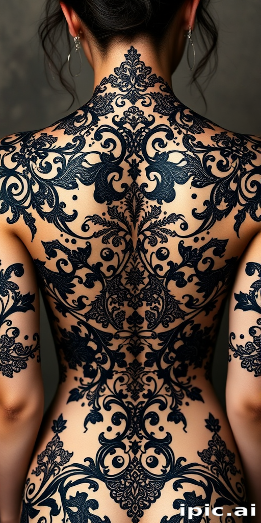 Ornate blackwork body tattoo showcasing intricate lace patterns and filigree designs across the shoulders and upper back, creating a stunning illusion of gothic jewelry