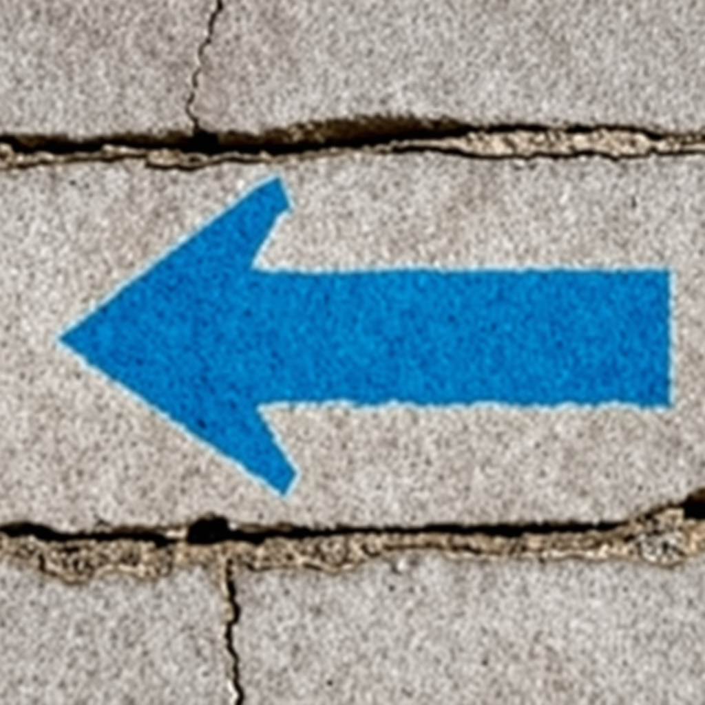 Create an image of a rough concrete wall with a vibrant blue arrow painted on it, using a DSLR camera, aperture f/2.8, shutter speed 1/125s, ISO 200, taken from a low angle for dramatic effect, in natural lighting conditions to enhance color saturation and texture detail.