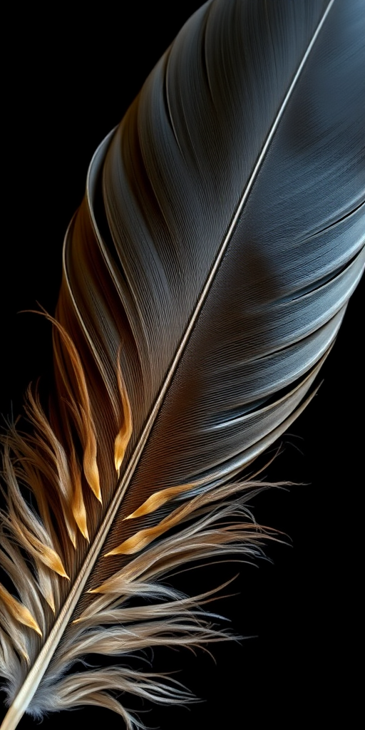 photograph a large, detailed feather on a black background, using a macro lens, f/2.8 aperture, 1/125 sec exposure, ISO 100, top-down view, high dynamic range for enhanced texture and contrast