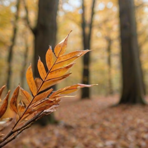 regenerate an image of a close-up view of a branch with dry, brown leaves in a forest setting during autumn, capturing the details of the leaves and the blurred background