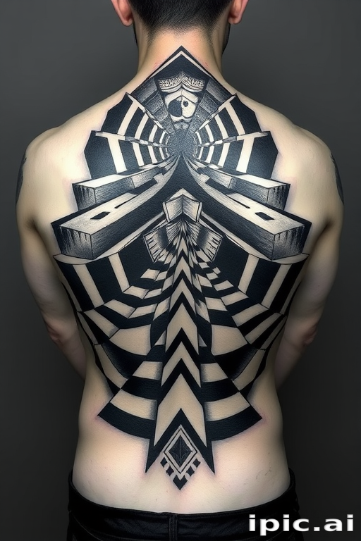Mesmerizing optical illusion body tattoo covering the entire back, creating a three-dimensional effect with precise linework and shading in stark black and white