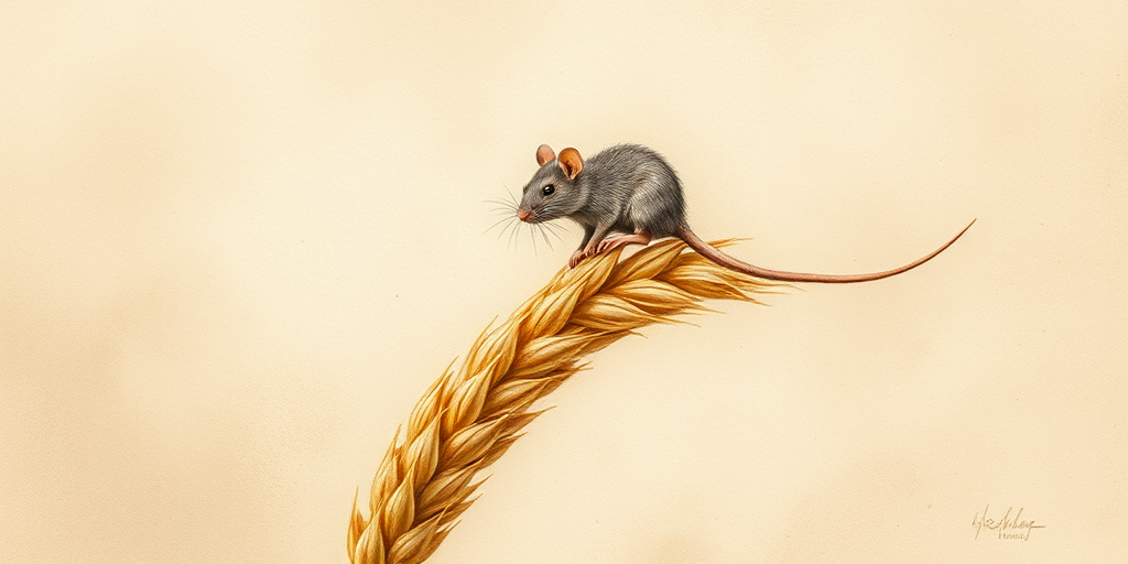 Soft, muted Alcohol Ink with ebru effect background image of tiny whimsical rat, who climbed high on the top of a golden rye ear.