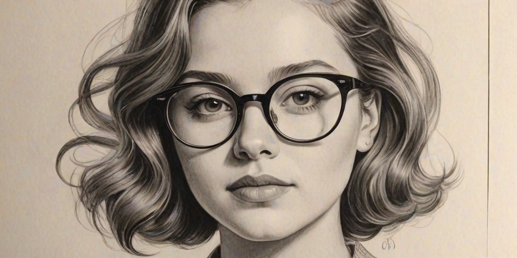 Dazzling Cailee Spaeny, pencil sketch, portrait of Sublime woman 1948s in glasses, hair style beatnik, outline, clear lines, fine lines, 8k
