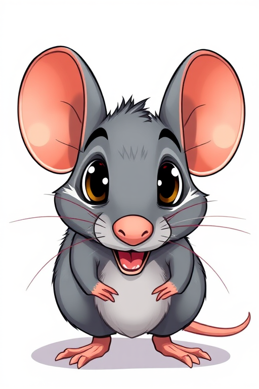 Create a high-resolution digital illustration of a cartoonish gray rat with large ears and expressive eyes, captured in a 50mm lens at f/2.8, with a shallow depth of field to enhance focus on the rat, using a bright and colorful style, set against a simple white background.