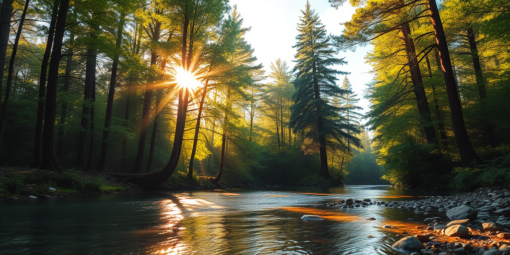Create an image of a serene, sunlit forest scene with a clear, gently flowing river. Tall trees with lush green foliage line both sides of the river, their leaves bathed in the warm golden light of the setting or rising sun. The sunlight filters through the trees, casting soft, dappled light on the river, which flows over smooth rocks and pebbles, creating a peaceful, natural atmosphere. The sky is bright with a few scattered clouds, and the overall mood is tranquil, evoking a deep sense of connection with nature. The image captures the beauty of a calm, pristine forest landscape at either dawn or dusk.