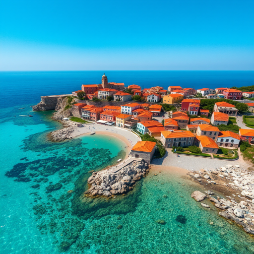 aerial view of coastal village with terracotta rooftops and clear turquoise water, photographed with a drone at 4K resolution, f/2.8 aperture, ISO 100, 1/2000 sec shutter speed, wide-angle lens, vibrant colors
