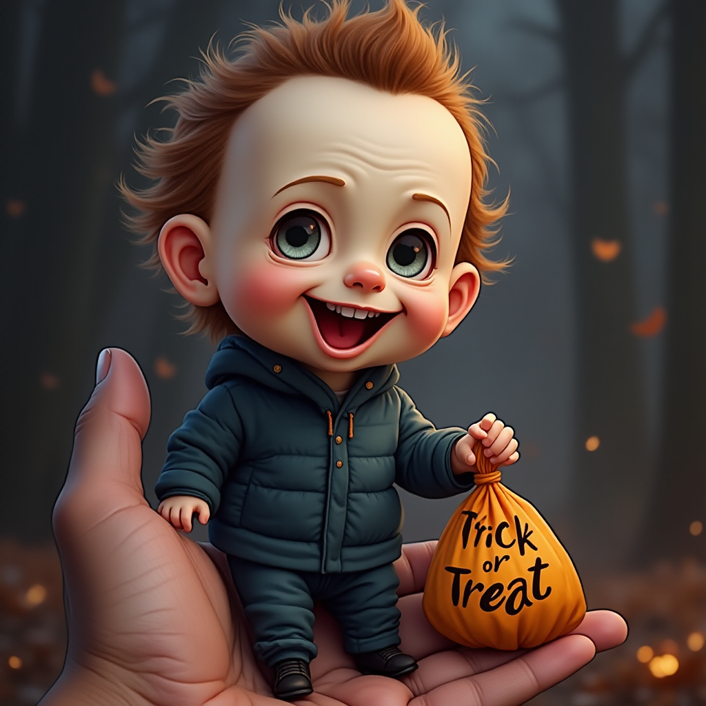 A whimsical caricature of a child version of Michael Myers, grinning mischievously. He is held by the hand of an unrecognizable person (only their hand visible), while holding a bag labeled "Trick or Treat" His facial expression is playful yet slightly menacing, reflecting his iconic figure. The scene is in portrait format with a Halloween theme, featuring exaggerated cartoon details like big eyes, a small body, and a creepy yet light-hearted tone.