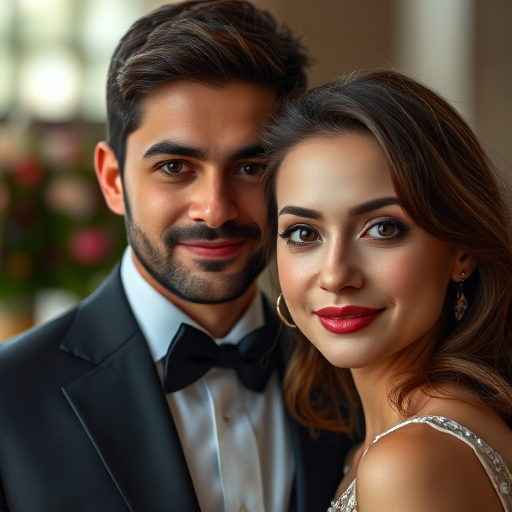 Portrait of a man and woman in formal attire, close-up shot with a soft focus background, natural lighting, ISO 100, aperture f/1.8, shutter speed 1/200s, using a Canon EOS R5 with a 50mm lens.