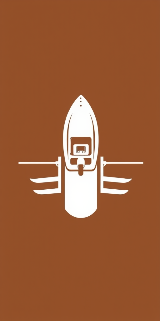 Create an icon showing a boat being launched from a ramp into water, designed in a minimalist style with a brown background and white silhouette, shot with a DSLR camera at f/8 aperture, ISO 100, 50mm lens, top-down view, and natural lighting for clarity.