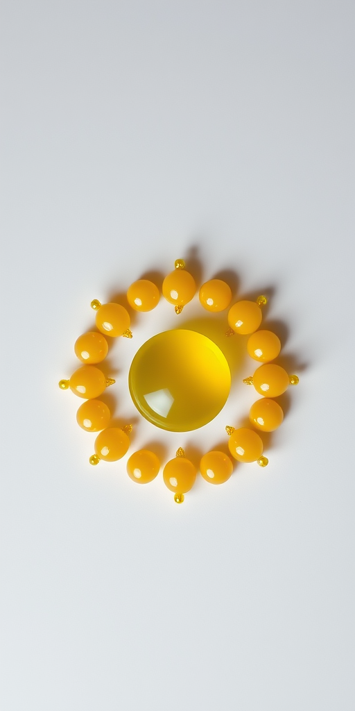 Create a high-resolution image of a circular yellow design with a central glossy sphere surrounded by small glossy beads arranged symmetrically, using a DSLR camera with a 50mm lens, aperture f/1.8, ISO 100, and a soft focus background.