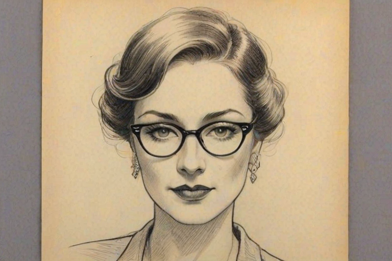 Splendid Raven-Symon', pencil sketch, portrait of Radiant woman 1932s in glasses, hair style beatnik, outline, clear lines, fine lines, 8k