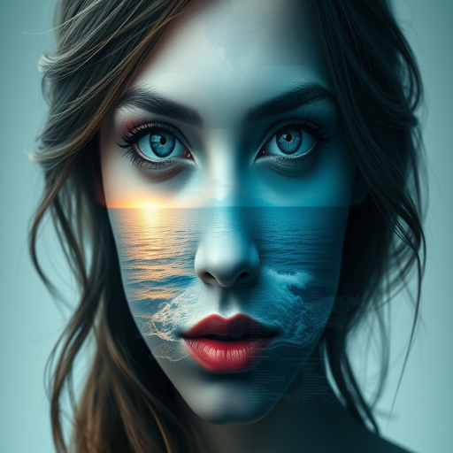 design Book cover, A surreal double exposure portrait that blends a woman's face with a beautiful seascape. The overall mood is dreamy and mystical, with rich colors and intricate details