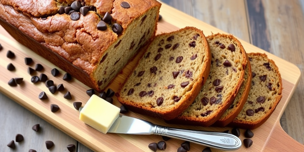 A freshly baked loaf of chocolate chip banana bread with several slices cut and displayed on a wooden cutting board scattered with chocolate chips and a butter knife with a pat of butter resting nearby.