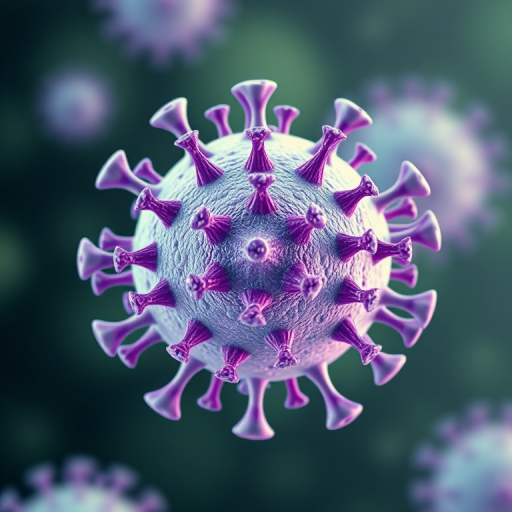 Create a high-resolution illustration of a stylized virus with a light green and purple color scheme, using a macro lens with f/2.8 aperture, ISO 100, and 1/125s shutter speed to capture intricate details, viewed from a slightly angled position to enhance depth and visual interest in a vector art style.