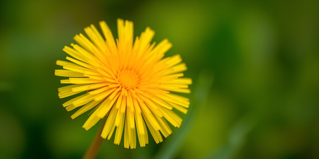 Macro shot of a bright yellow dandelion on a blurred green background, aperture f/2.8, shutter speed 1/200s, ISO 100, taken with a DSLR camera using a 100mm macro lens for enhanced detail and depth of field.