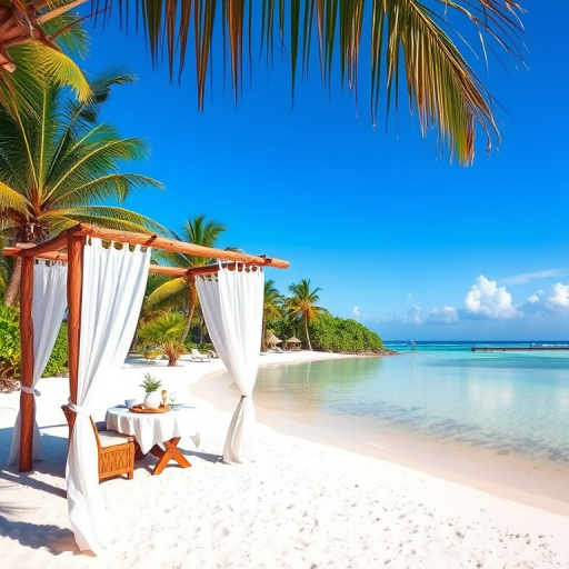 Create a picturesque tropical beach scene featuring a serene, white sandy shore. In the foreground, there's a rustic wooden canopy with white drapes gently flowing in the breeze. Underneath the canopy, a table is set with tropical decor, evoking a sense of relaxation and leisure. The beach extends into a calm, shallow water area with reflections of the sky and surroundings. Palm trees and lush greenery line the edge of the beach, providing a natural, tropical backdrop. The sky is clear with a few scattered clouds, and the overall atmosphere is tranquil and inviting, perfect for a peaceful retreat.
