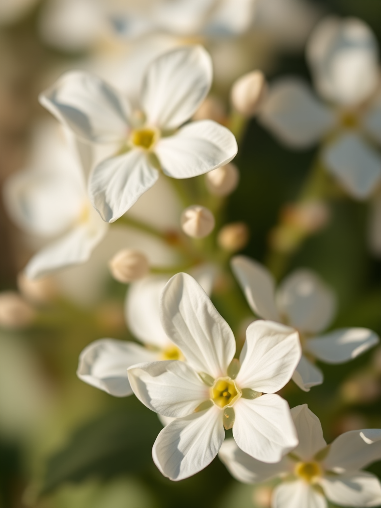 Macro photograph of white flowers with a shallow depth of field, using a DSLR camera with an aperture of f/2.8, shutter speed of 1/500s, ISO 200, and a 100mm macro lens, shot in natural light to enhance color vibrancy and detail.
